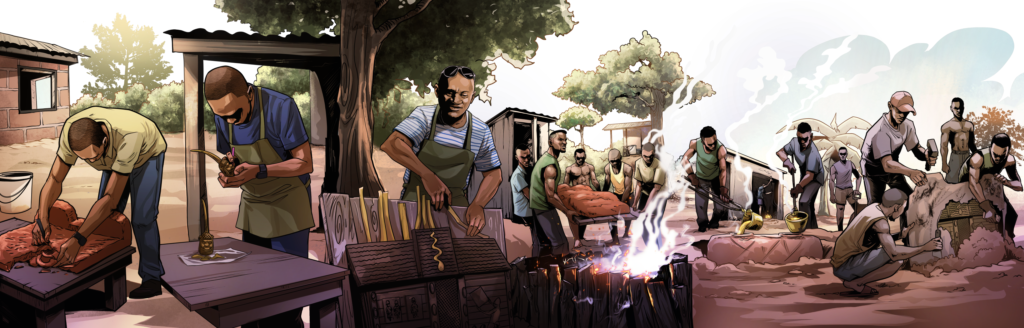 Panorama illustration showing the stages of the lost wax casting process