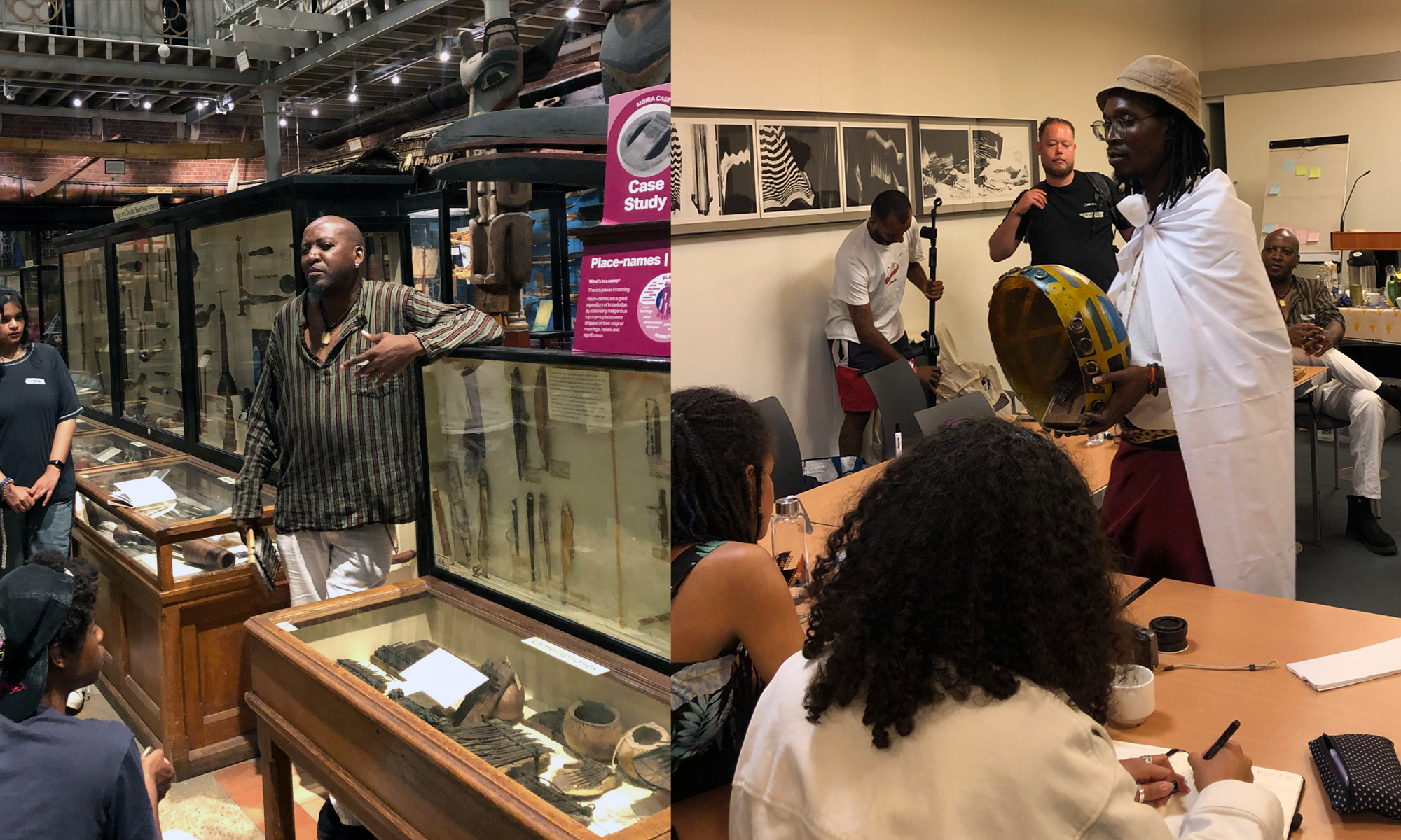 Split image showing people gathered around display cases full of mbiras, and a view in a room with people sat at tables with a person playing a mbira instrument 