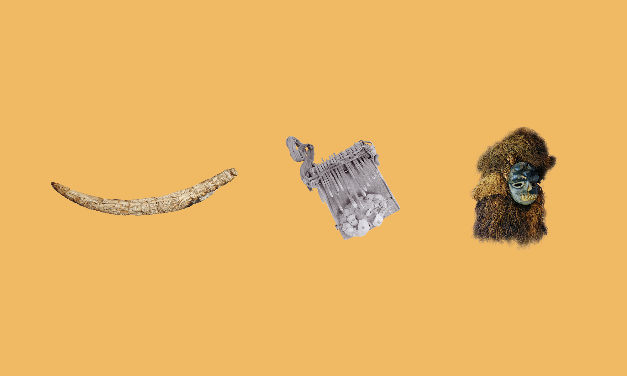An ivory tusk, a mbira musical instrument, and an Ekpo mask on a yellow background