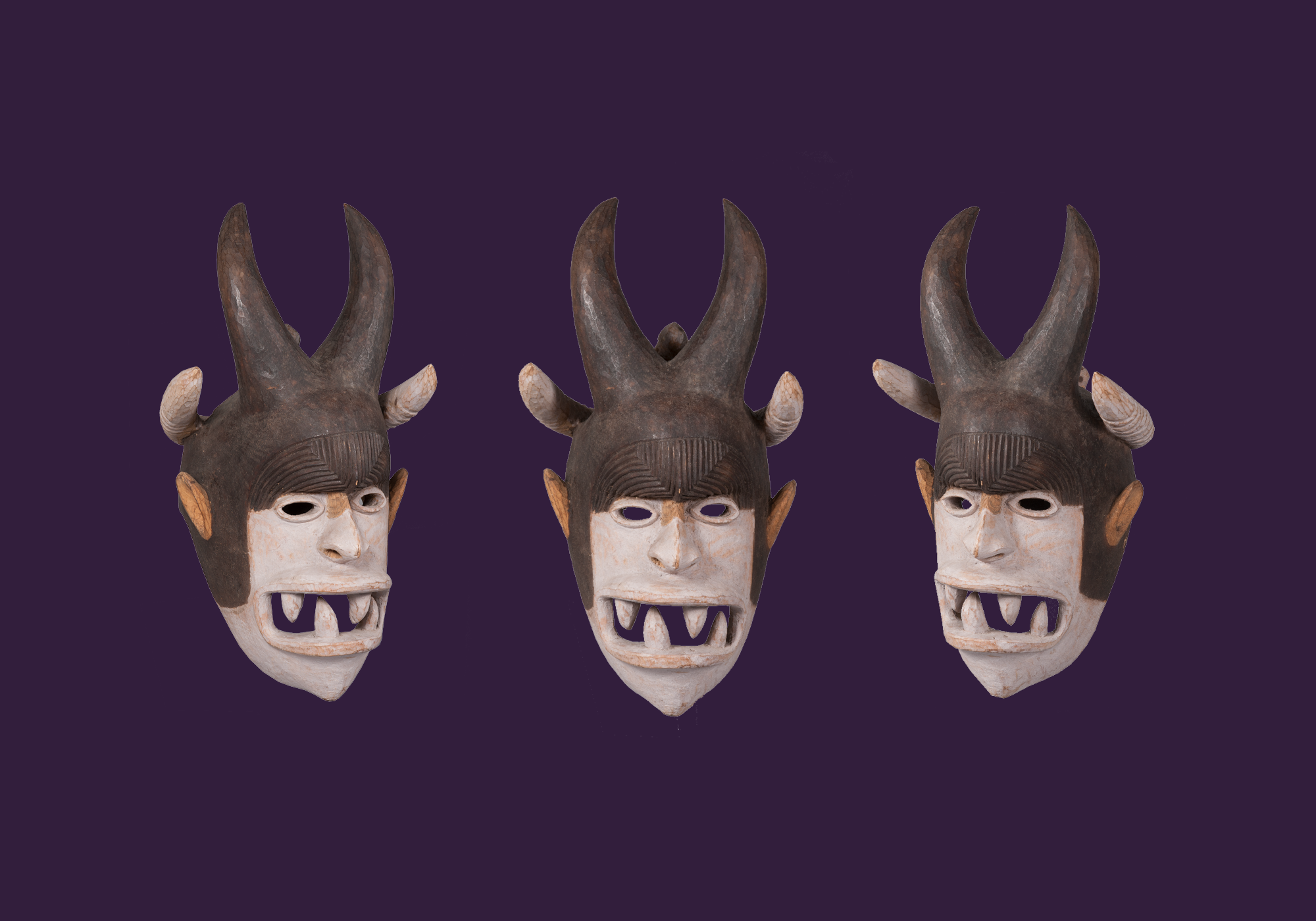 A composite image showing two side views alongside a full frontal view of the back of a wooden mask in the form of a face with an open mouth with pointed teeth and horns on top of the head. 