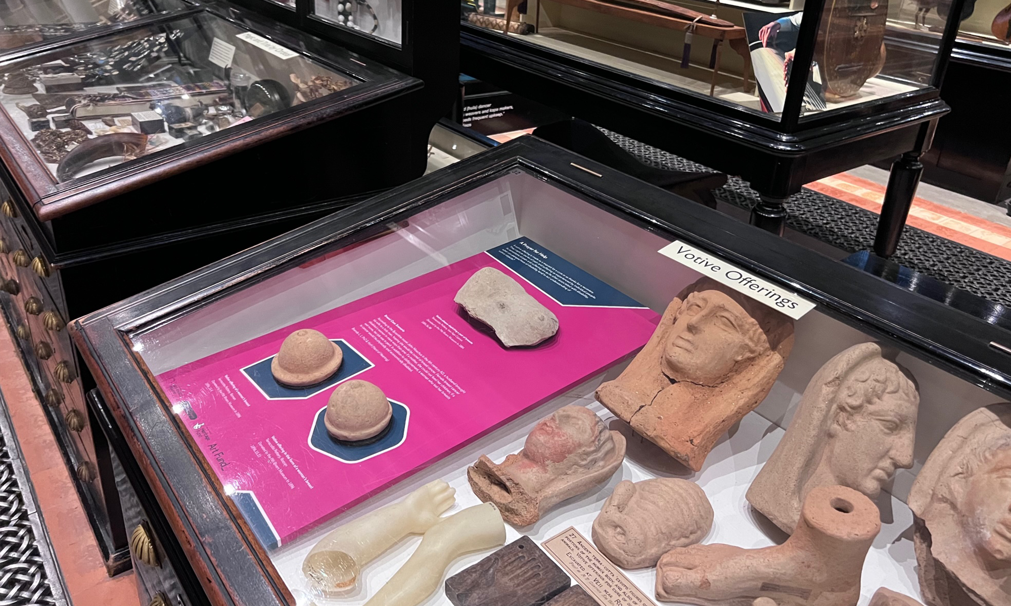 View of a bright pink graphic within a desk top case on the first floor of the Pitt Rivers Museum
