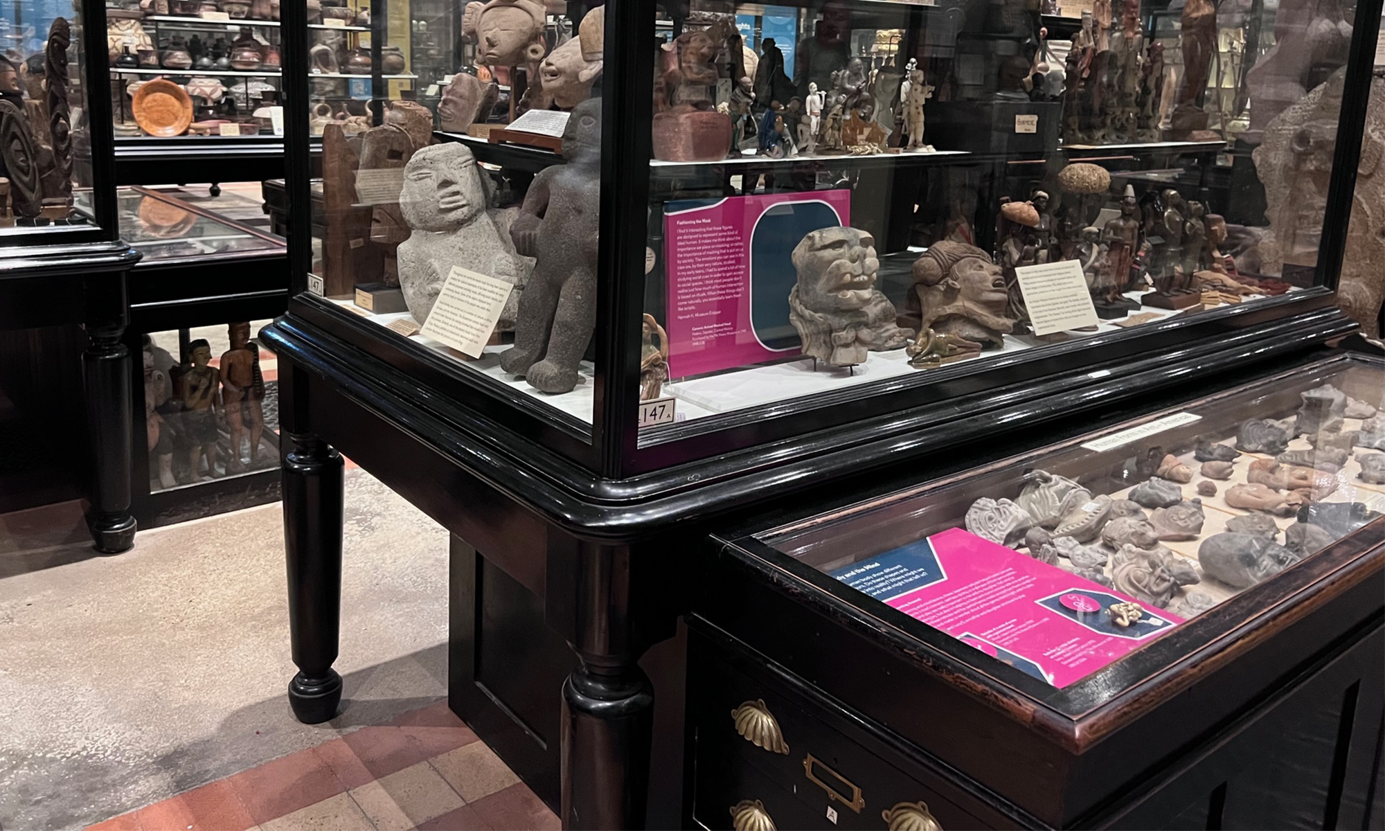 View of museum display cases densely packed with objects with two bright pink graphic panels visible in the displays. 