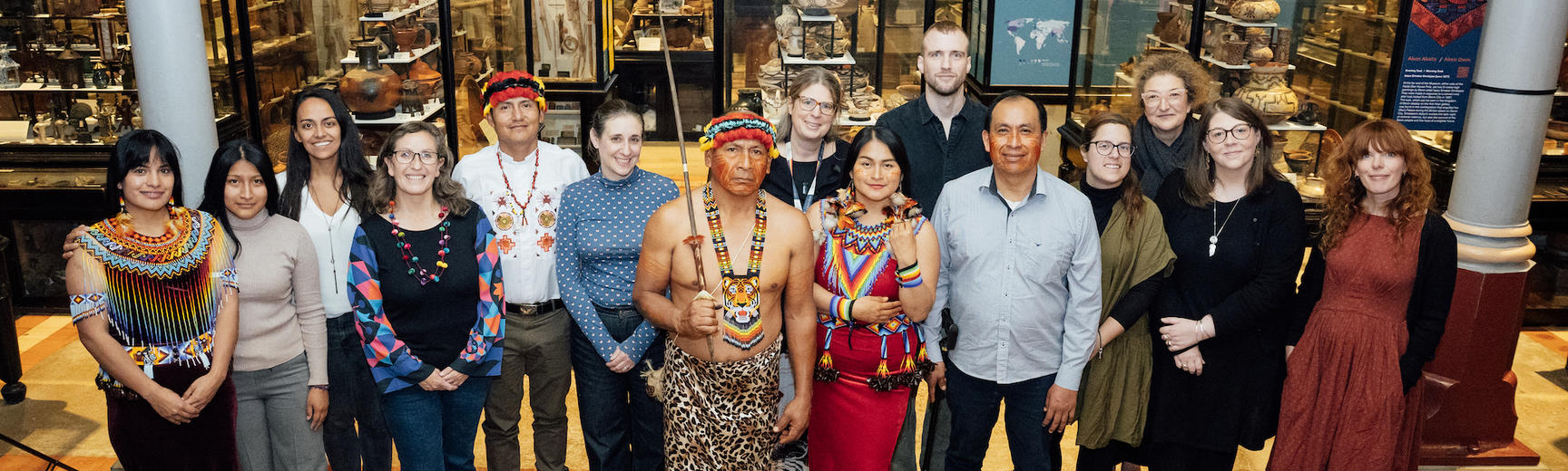 Shuar delegation with museum staff in Pitt Rivers Museum galleries