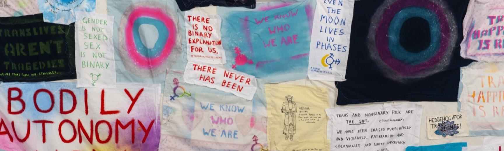 Large bed sheet with hand-printed, painted and drawn protest slogans attached, saying things like ‘trans happiness is real’ and ‘bodily autonomy now’.