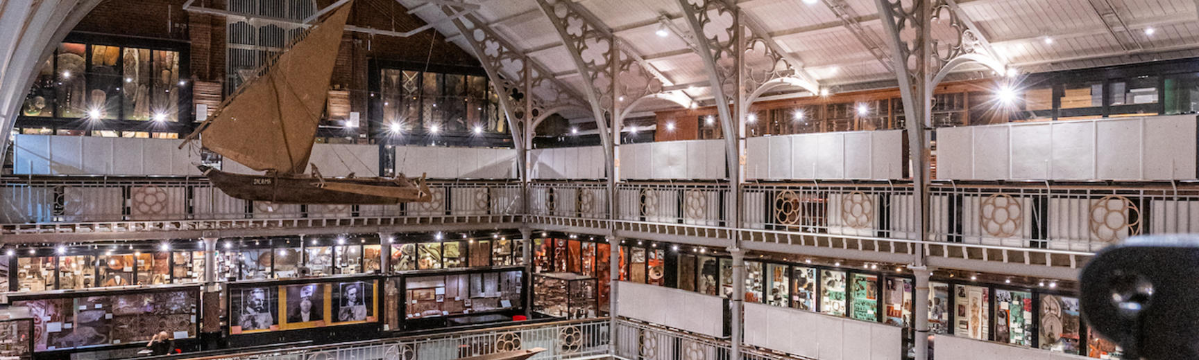 Interior view of Pitt Rivers Museum taken from Upper Gallery looking down on cases 