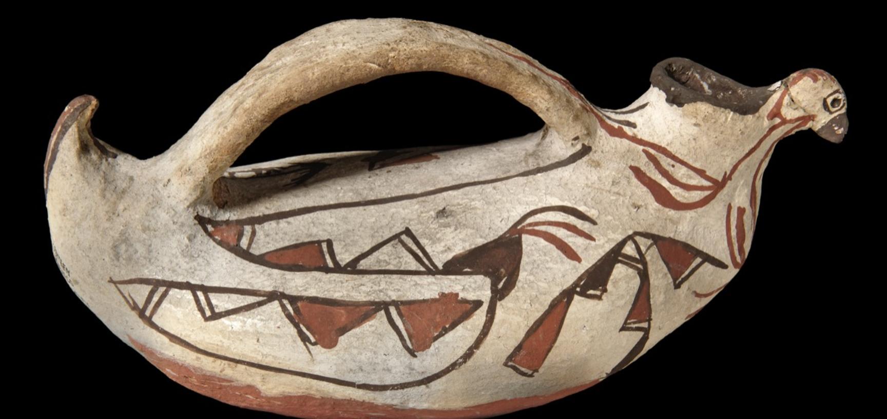 Pottery canteen, or water vessel, in the form of a duck, collected in Zuni Pueblo by James Stevenson for the United States Geological Survey. 
