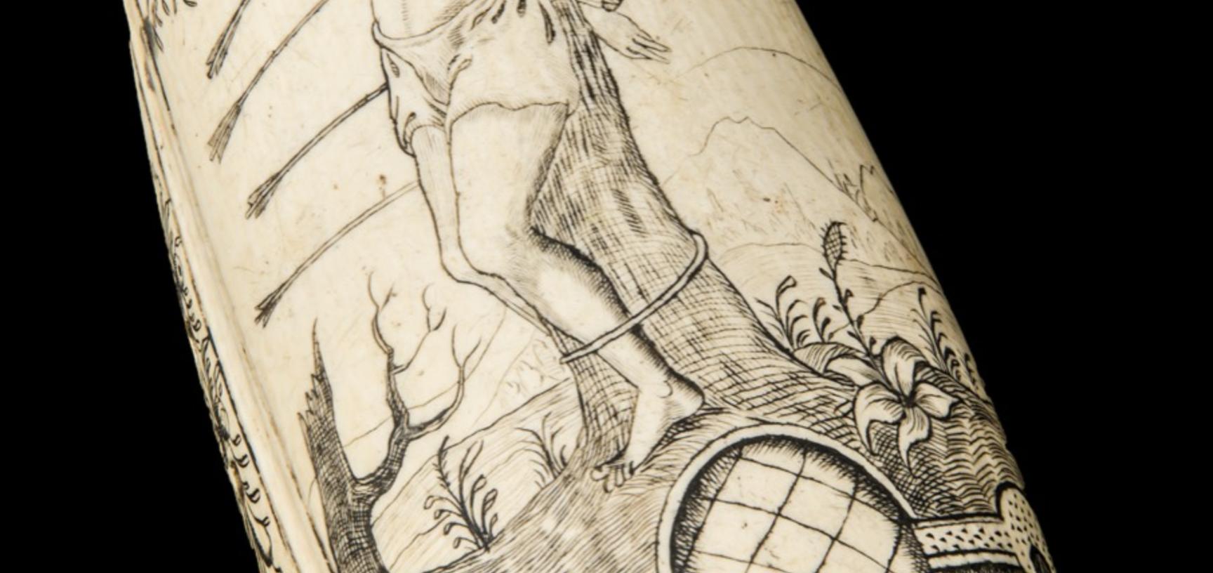 Curved sheet of ivory incised with image of St Sebastian tied to a tree and infilled with black ink.