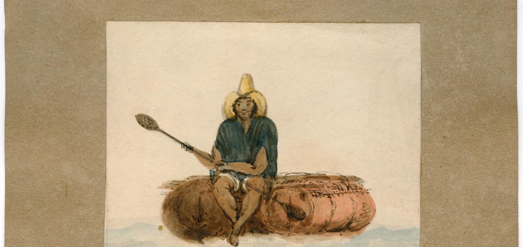 A fisherman from Chile on a raft made of inflated bullock hides. The Seringapatam spent the early years of 1830 and much of 1831 and 1832 sailing up and down the coast of Chile. 