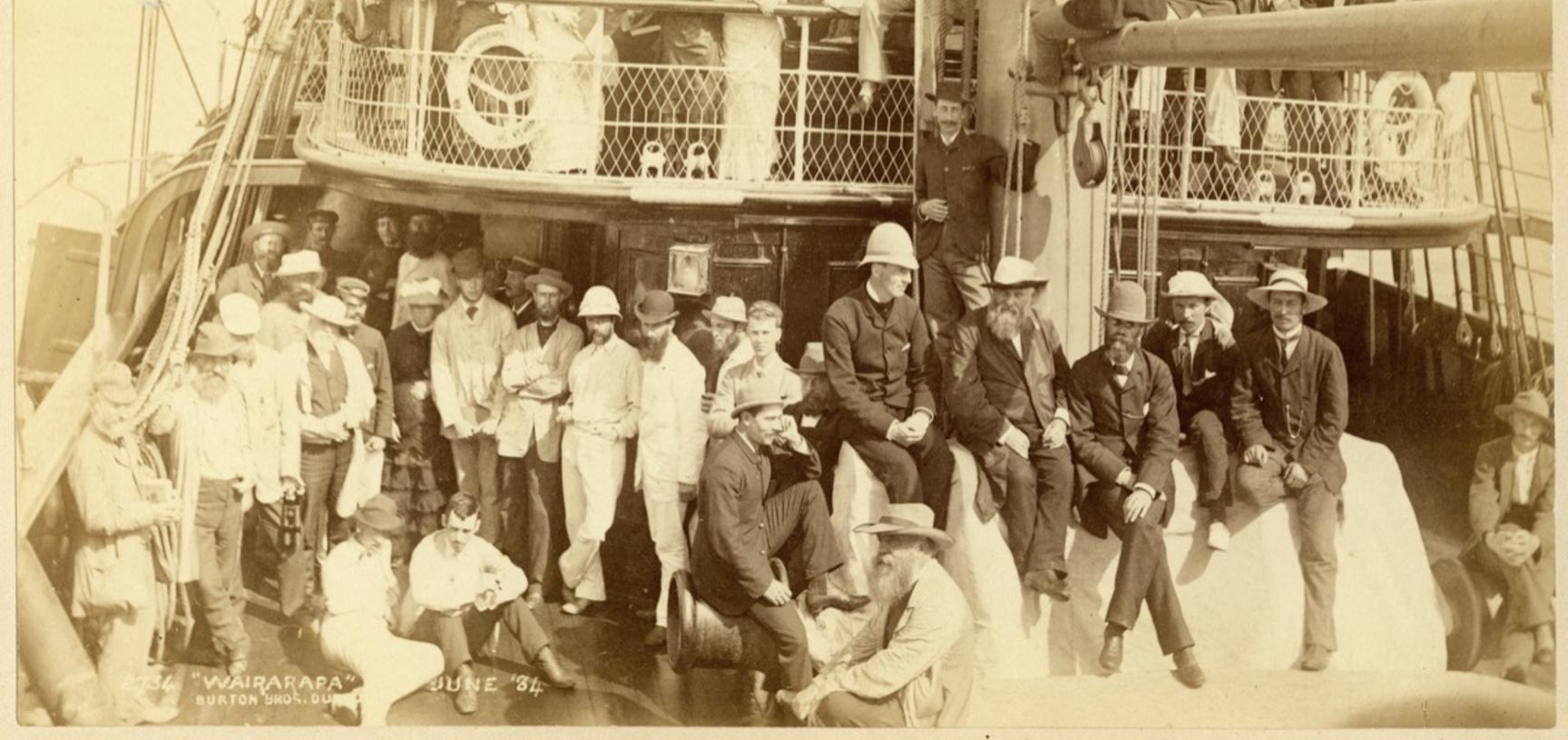 Passengers on board the deck of the S.S. Wairarapa, the Union Line steamship which in June and July 1884 made two voyages to the South Seas. Photograph by Alfred Burton for the Burton Brothers studio (Dunedin). June 1884.