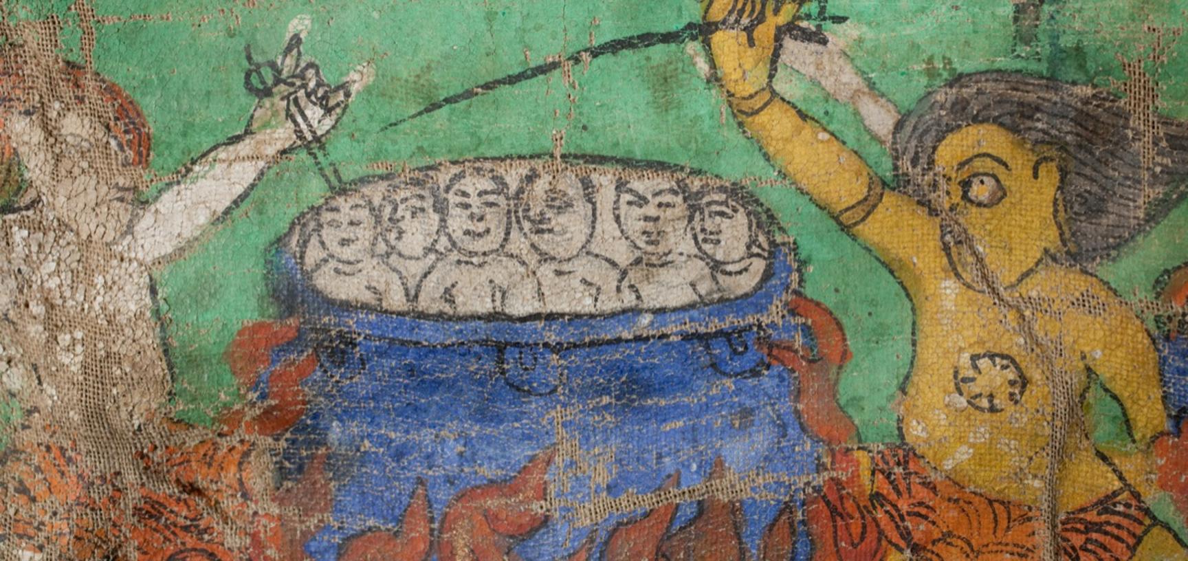 Detail of victims being boiled alive from a thanka painting describing the torments of hell. Photograph by Patrick Sutherland. Pin, Spiti, Himachal Pradesh, India. 2010.