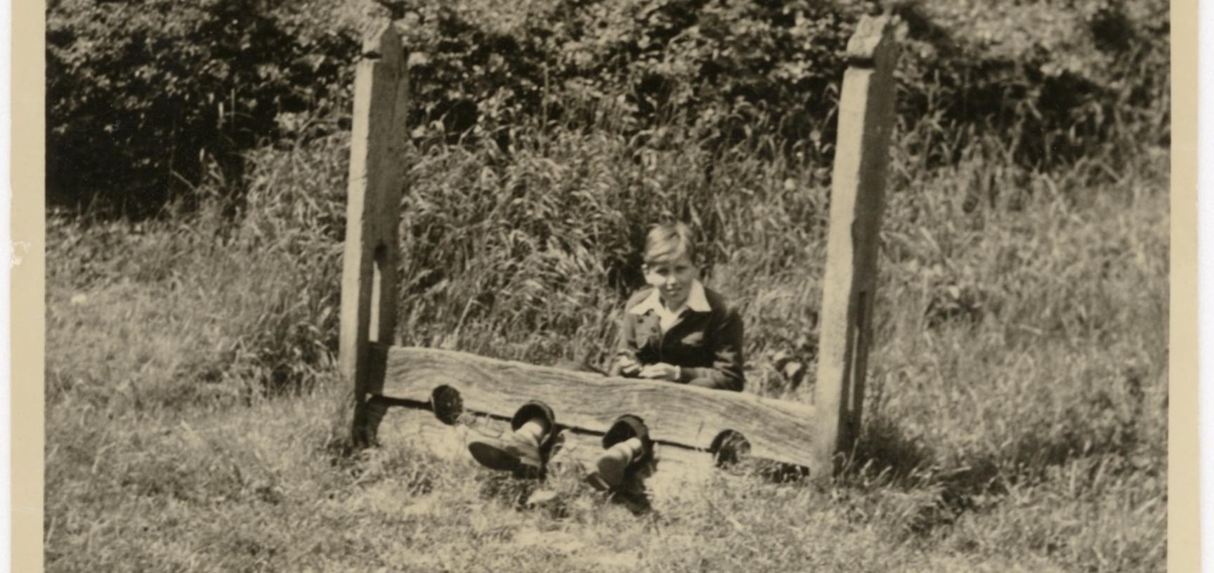 Boy sitting on a wooden structure in the countryside.