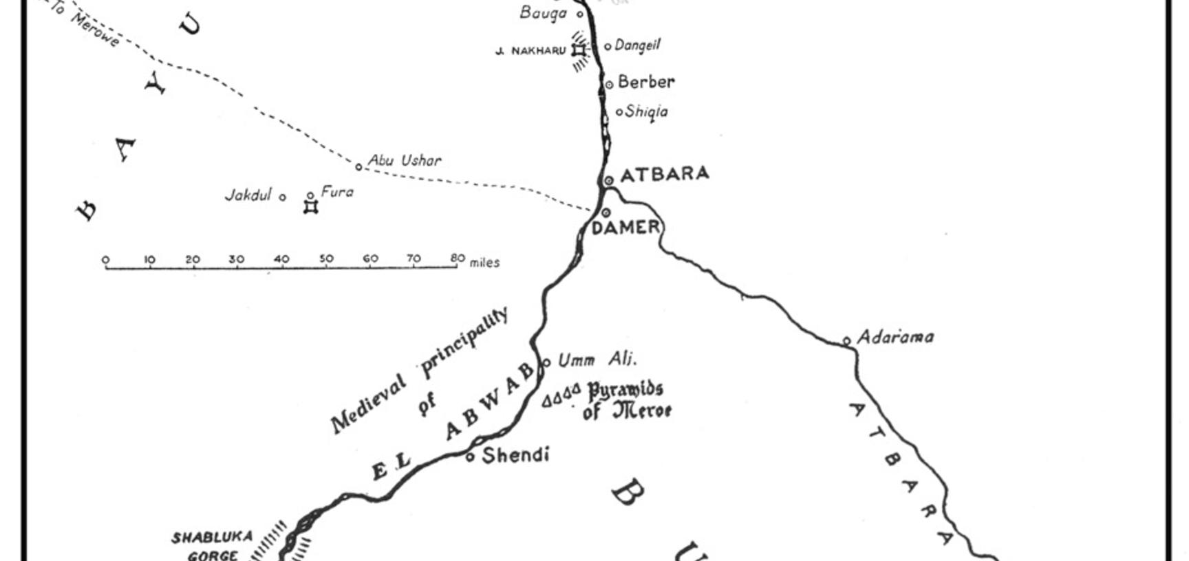Composite map showing the route taken by O. G. S. Crawford along the Nile as part of the 1951–2 British Academy Middle Nile Expedition.