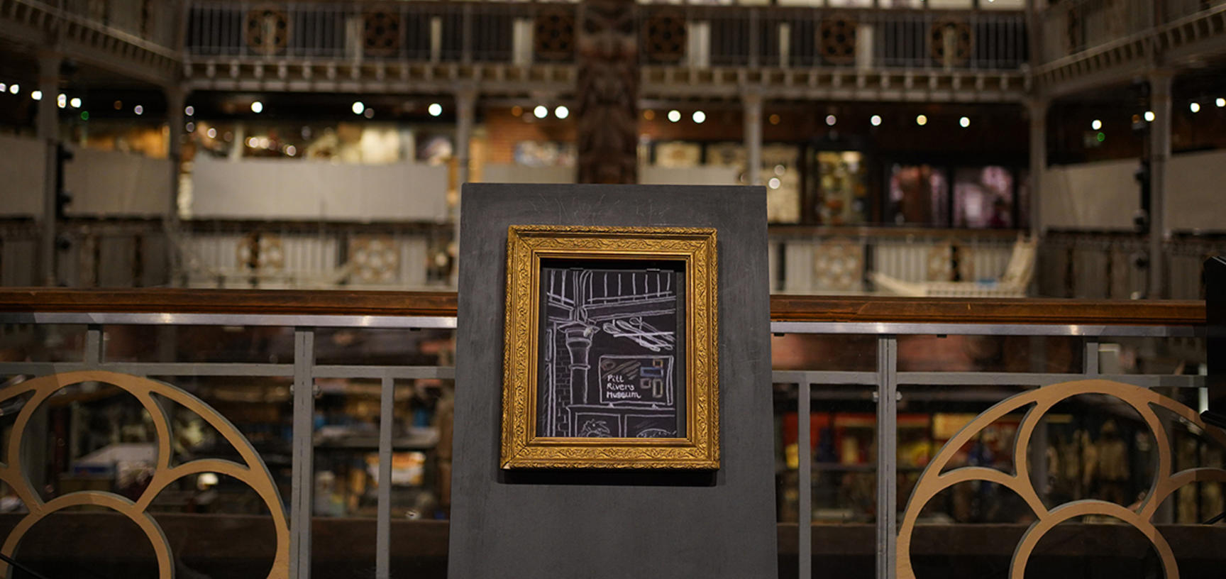 White pencil line drawing on black paper depicting a detail of the Museum architecture and Pitt Rivers Museum sign
