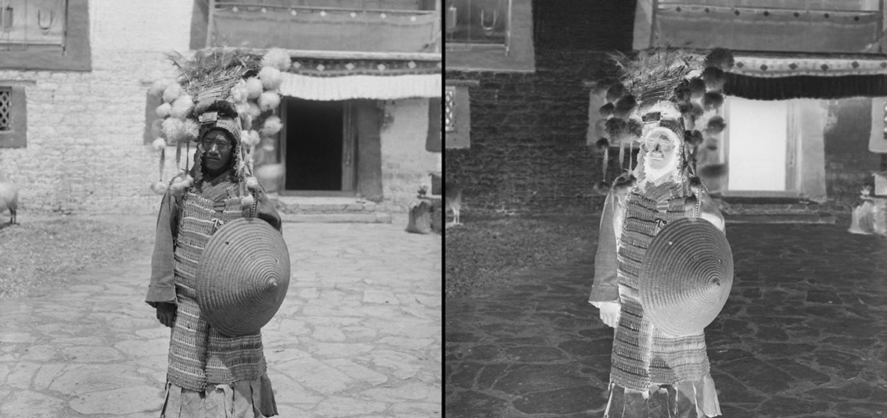 Double photo portrait of Tibetan foot soldier, with old-style armour and shield.