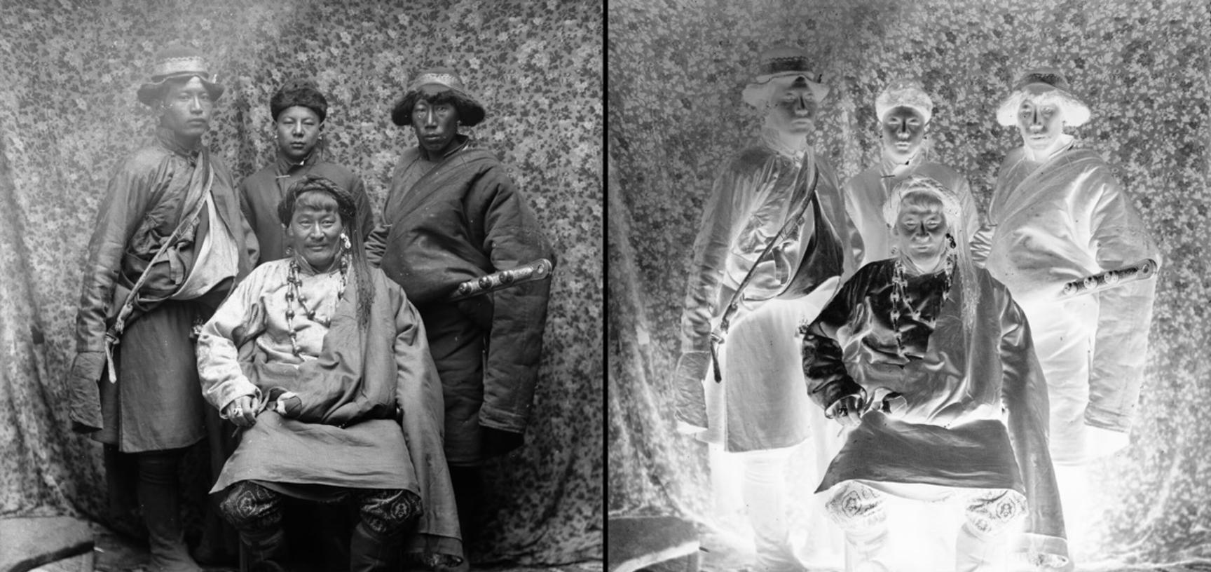 Double photo portrait of a wealthy trader from eastern Tibet with servants. 