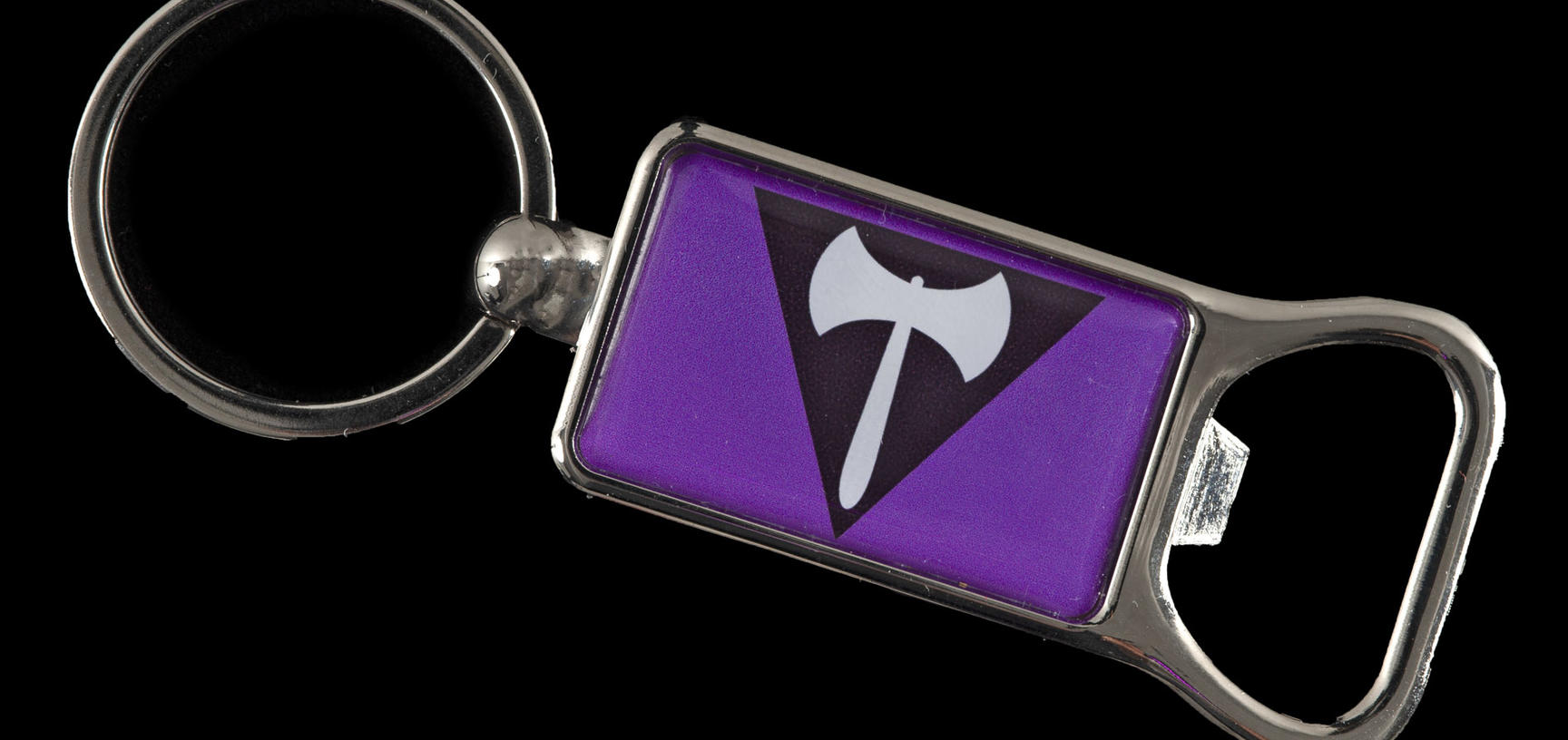 Metal keyring with bottle opener decorated with a white labrys on a purple background. 