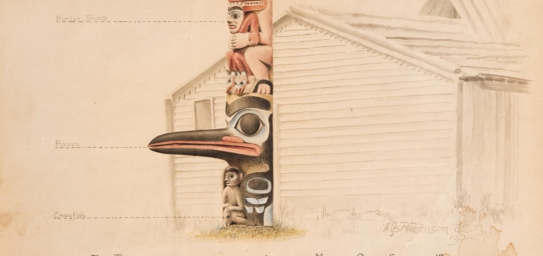 ‘The Totem-pole standing before the chief’s house in Masset, Queen Charlotte Id.’ Watercolour painting by Alfred Robinson. 1901. (Copyright Pitt Rivers Museum, University of Oxford. Accession Number: 2004.144.1)