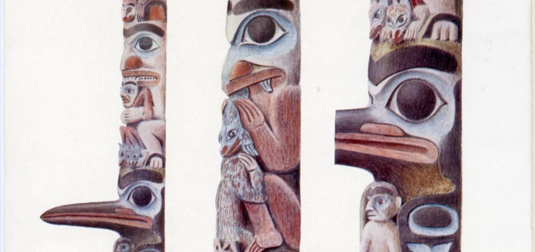 Alfred Robinson’s watercolour reproduced in E. B. Tylor’s article in the journal Man, ‘Note on the Haida Totem-Post lately erected in the Pitt Rivers Museum at Oxford’ (1902).