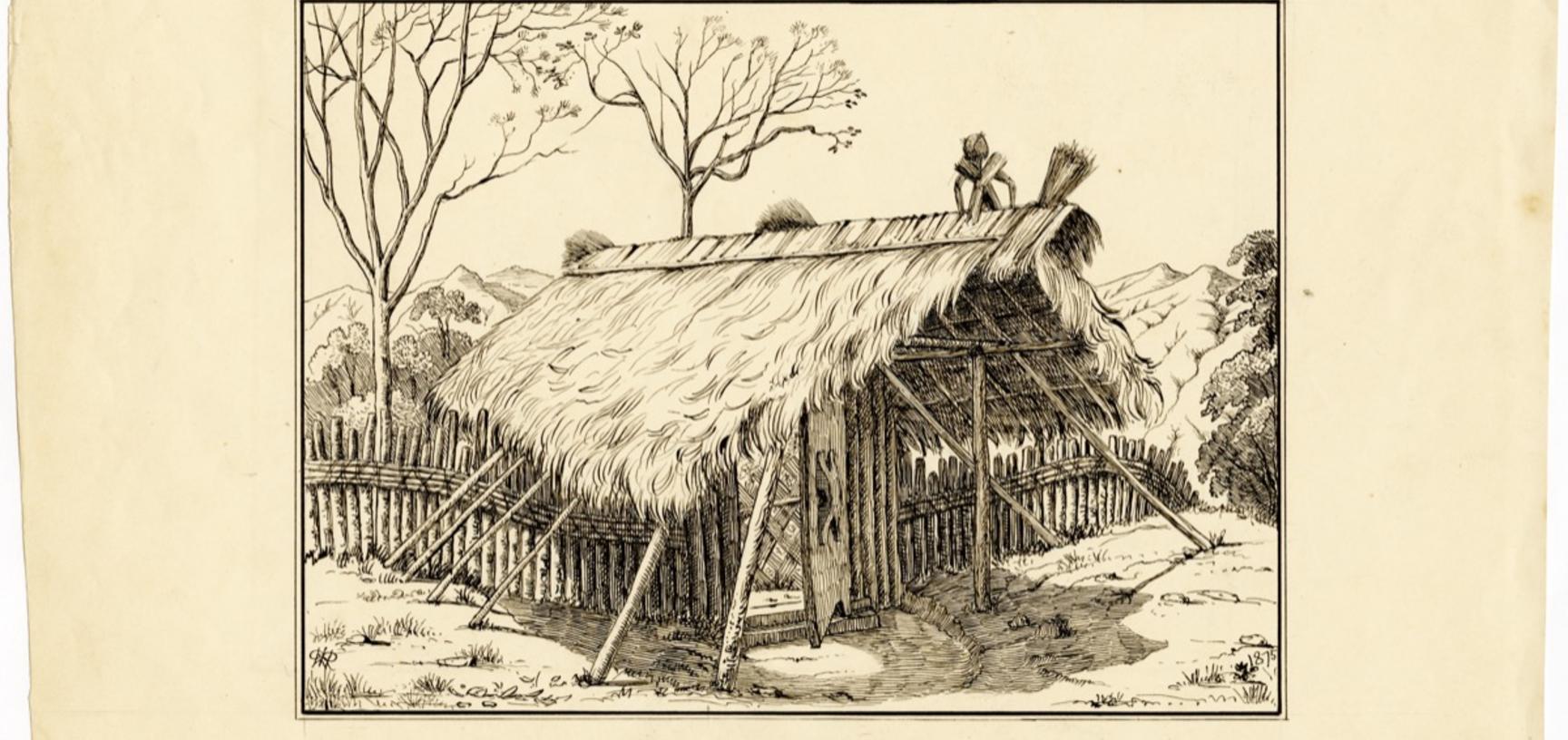 Entrance gate to the Ao Naga village of Dekha Haimong, in the Naga Hills District of Assam, India. Ink drawing by Robert Gosset Woodthorpe. 