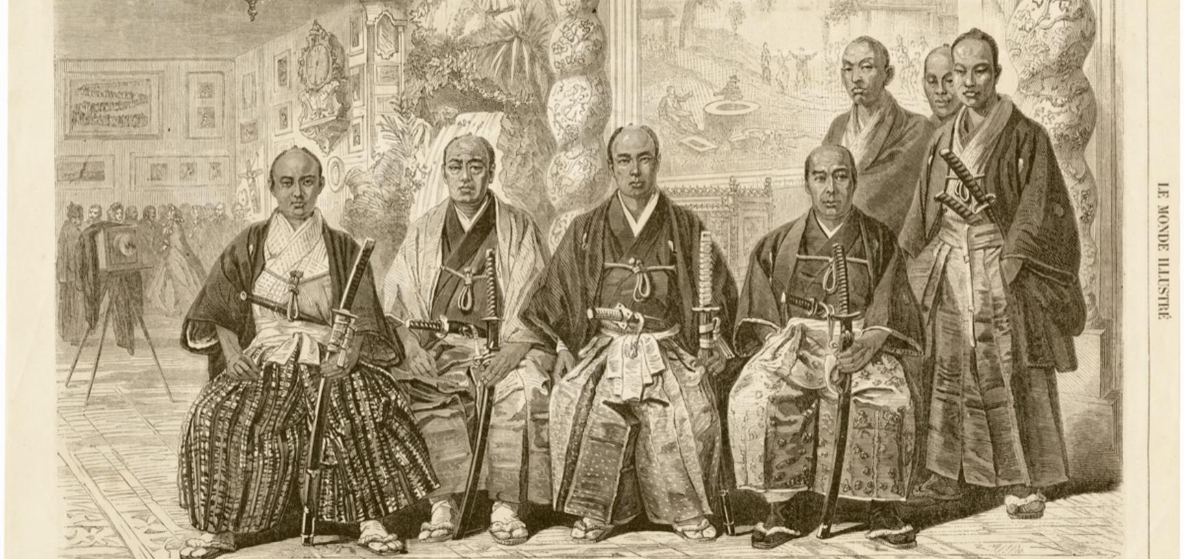 Members of the Takenouchi mission to Europe (1862), pictured wearing traditional dress and each carrying a daishō or pair of swords (katana and wakizashi). This engraving, published in Le Monde illustré, was based on photographs taken in the Paris studio 