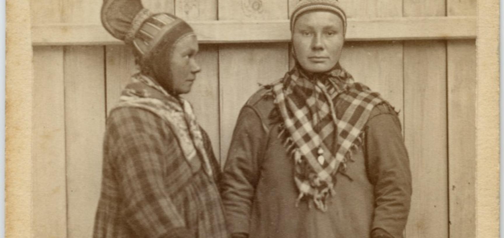 Portrait of two Saami women, standing, wearing distinctive hats. Photographer unknown; carte de visite issued by Braekstad & Co. Trondheim, Norway. Circa 1870s. (Copyright Pitt Rivers Museum, University of Oxford. Accession Number: 1941.8.41)