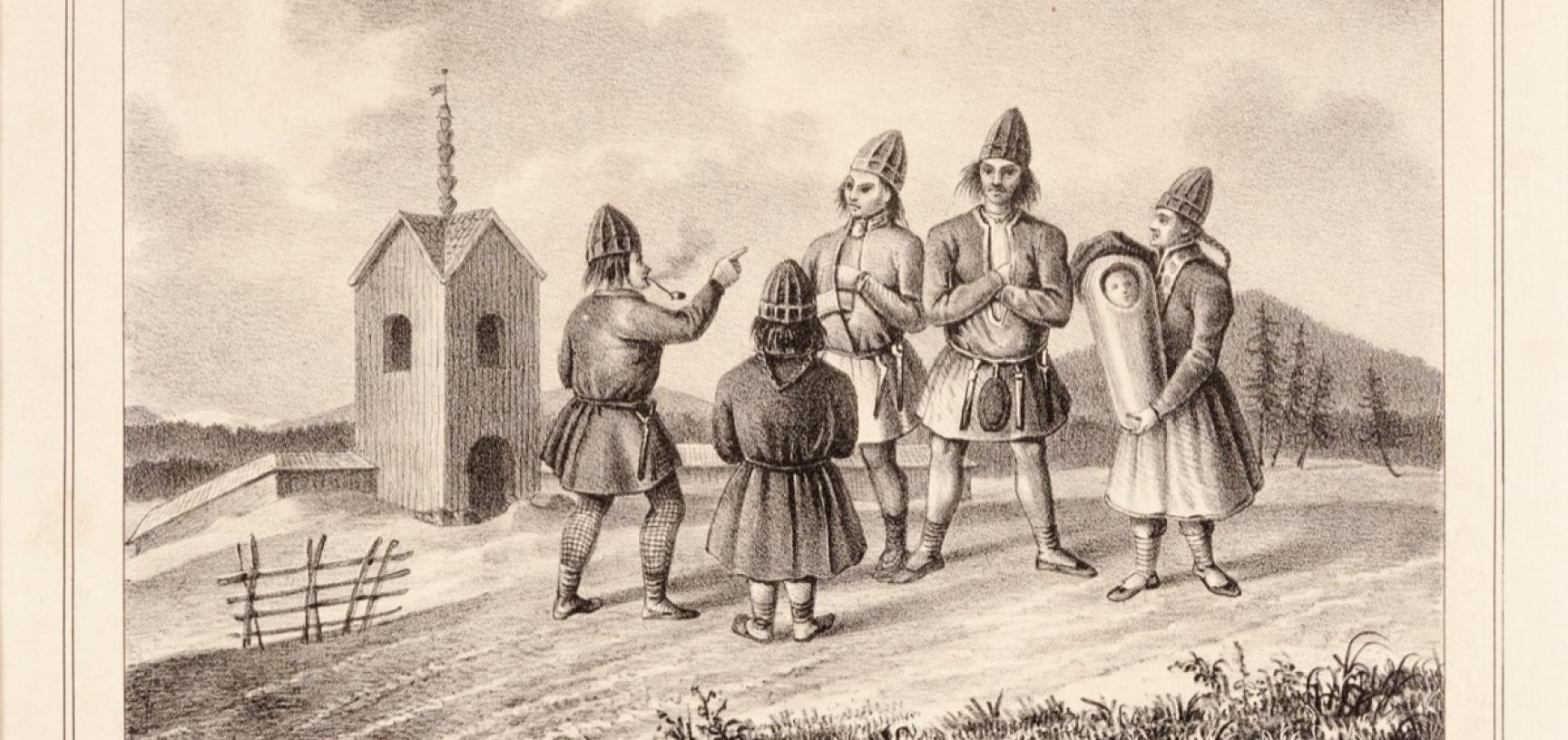 Lithograph produced in Berlin by Hermann Delius, published in 1841, showing a group of five Saami people, one of whom carries a baby, with the old wooden church at Arvidsjaur depicted in the background. (Copyright Pitt Rivers Museum, University of Oxford.