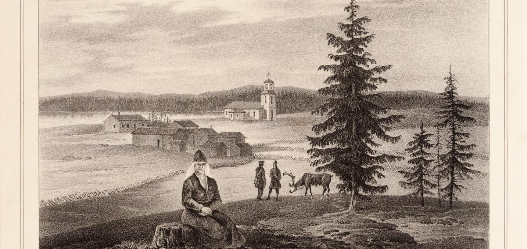 Lithograph produced in Berlin by Hermann Delius, published in 1841, showing a view of the ancient Saami settlement of Lycksele, Sweden, with its wooden church visible at the centre of the image. (Copyright Pitt Rivers Museum, University of Oxford. Accessi