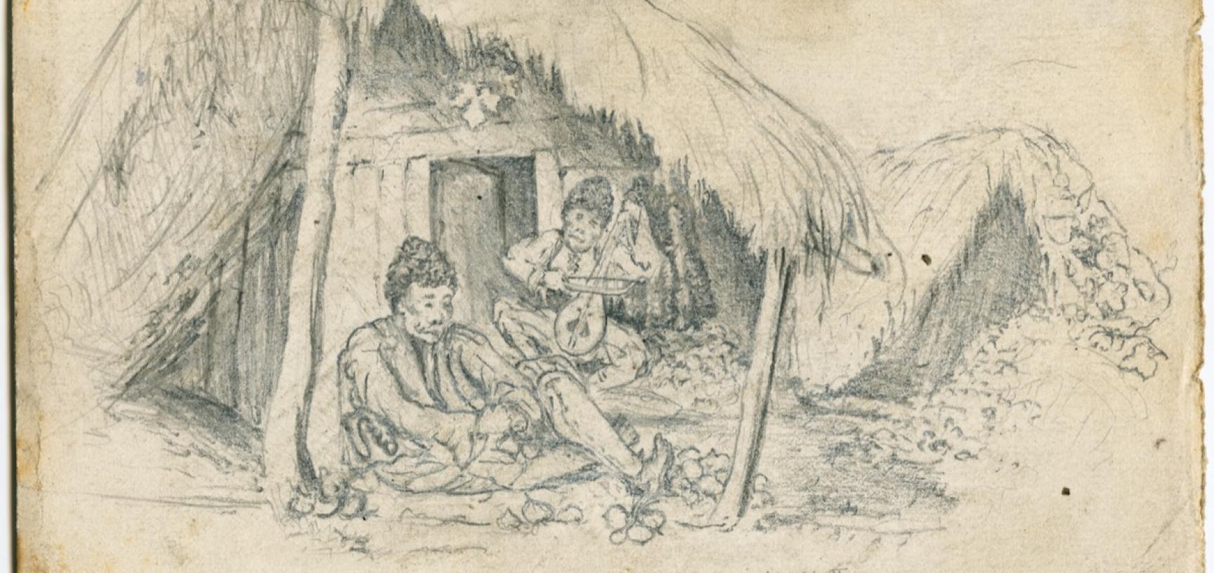 Pencil sketch of two men sitting beneath the porch of a thatched building, identified as Bulgarians at a small Bulgarian settlement in Maksimir Park on the outskirts of Zagreb, Croatia. One of the men is tying bunches of onions, preparing the crop for sal