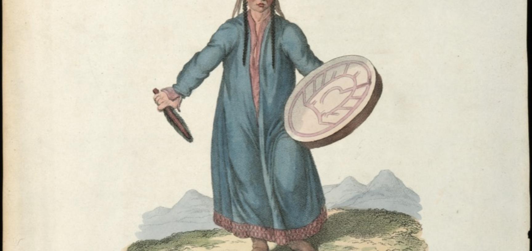 Coloured engraving of Evenki shaman, Russia.