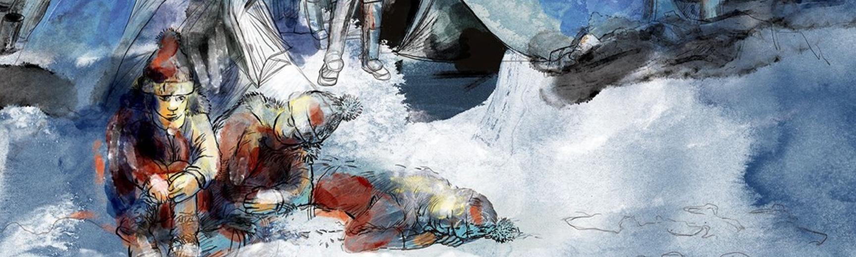 Painting portraying the Lande encampment covered by snow with two men sitting close to their tent