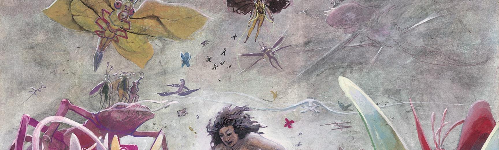 ‘Hi‘iaka breaks through the levels below Kilauea to find Lohi‘au and to destroy Pele’s beloved home (The Epic Tale of Hiʻiakaikapoliopele).’ Watercolour painting by Solomon Enos. 2005.