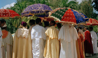 Bishops of the Ethiopian Orthodox Church outside Trinity Cathedral, where the Emperor’s remains were later buried. Addis Ababa, Ethiopia. Photograph by Peter Marlow. 2000.
