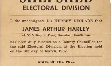 Poster of voting results following Harley’s election to Leicestershire County Council, 6 March 1937. 