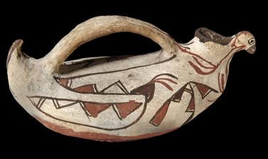 Pottery canteen, or water vessel, in the form of a duck, collected in Zuni Pueblo by James Stevenson for the United States Geological Survey. 