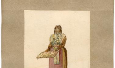 A tortilla-seller, one of a series of Peruvian types from the market in Lima. Carter probably visited Lima when the Seringapatam was anchored in Callao Roads in July 1830, August 1831, and January/February 1832. 