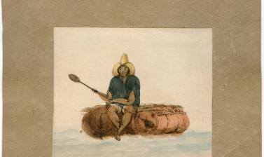A fisherman from Chile on a raft made of inflated bullock hides. The Seringapatam spent the early years of 1830 and much of 1831 and 1832 sailing up and down the coast of Chile. 