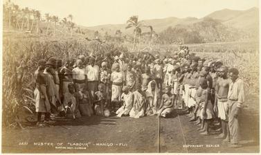 ‘Muster of “labour”’, a group portrait of agricultural workers employed in the sugar cane plantations on Viti Levu. Photograph by Alfred Burton for the Burton Brothers studio (Dunedin). Mango, Viti Levu, Fiji. 16 July 1884.