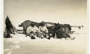 Group portrait of BAARE members resting against a heavily laden sledge, taken during their overland rescue trip to relieve Augustine Courtauld. Photographer unknown. Greenland. 1930–1931.