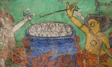Detail of victims being boiled alive from a thanka painting describing the torments of hell. Photograph by Patrick Sutherland. Pin, Spiti, Himachal Pradesh, India. 2010.