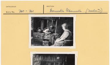 Domestic Utensils (handwritten record). Two images of a woman sitting in a kitchen