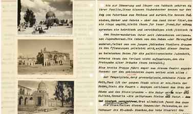 Facing pages from one of Ellen Ettlinger’s typescript diaries with photographs abd the entry of 23 March 1935 describing a visit to Jerusalem in the Holy Land.