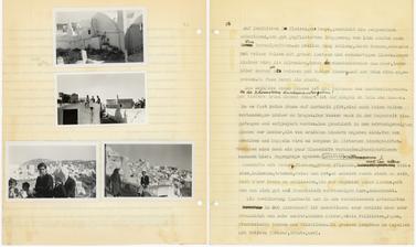 Facing pages from one of Ellen Ettlinger’s typed diary contsaing photographs and the entry recounting an afternoon spent on the Greek island of Santorini.