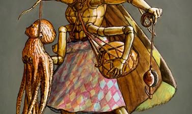 Illustration of a humanoid moth-like figure, standing on two legs, holding an octopus in two hands, and a bask and octopus lure in the other two. 
