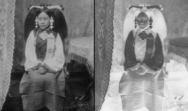Double photo portrait of the wife of a lay official in Lhasa dress.