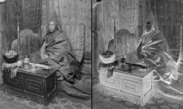 Double photo portrait of Gelukpa incarnation lama with his religious implements. 