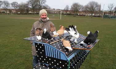 ‘Pigeon Pete’ (Peter Petravicius) trains his birds to recognise their mobile pigeon loft from the air: ‘For this purpose we decorated our pigeon loft with a distinctive black with white polka dots design.’