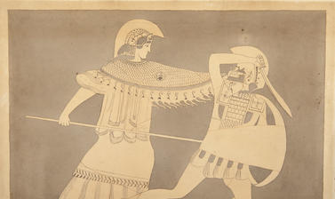 An armoured Amazon plunges a spear into a kneeling Greek solider. 