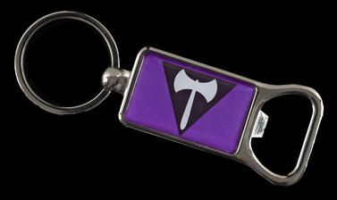 Metal keyring with bottle opener decorated with a white labrys on a purple background. 