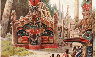 ‘Totem Poles’, an imaginary view of a Haida village, featuring Star House Pole copied from the published image. Illustration by Louis Fairfax Muckley. Circa 1909.