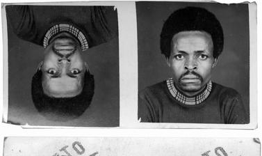 Example of Jacques Touselle’s printing work: a pair of identity card portraits stamped with the studio’s name and date on the reverse. Photograph by Jacques Touselle. Mbouda, Cameroon. 1985.
